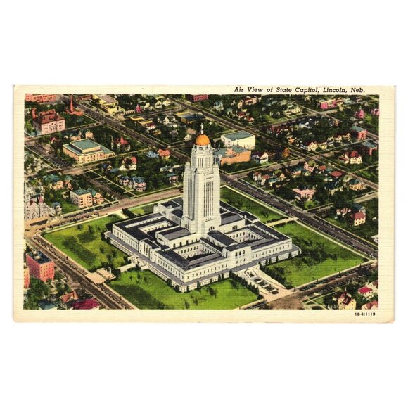 Air View State Capitol Lincoln Nebraska Postcard Vintage Eric Nelson News Linen - Picture 1 of 2